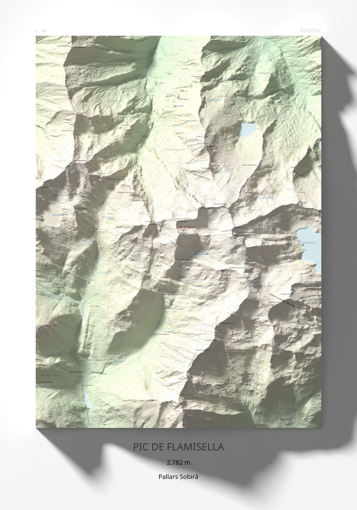 Mapa de relieve de Pic de Flamisella, 2782 m, Pallars Sobirà, lámina 100 Cims de Trobart 70 × 100 cm.