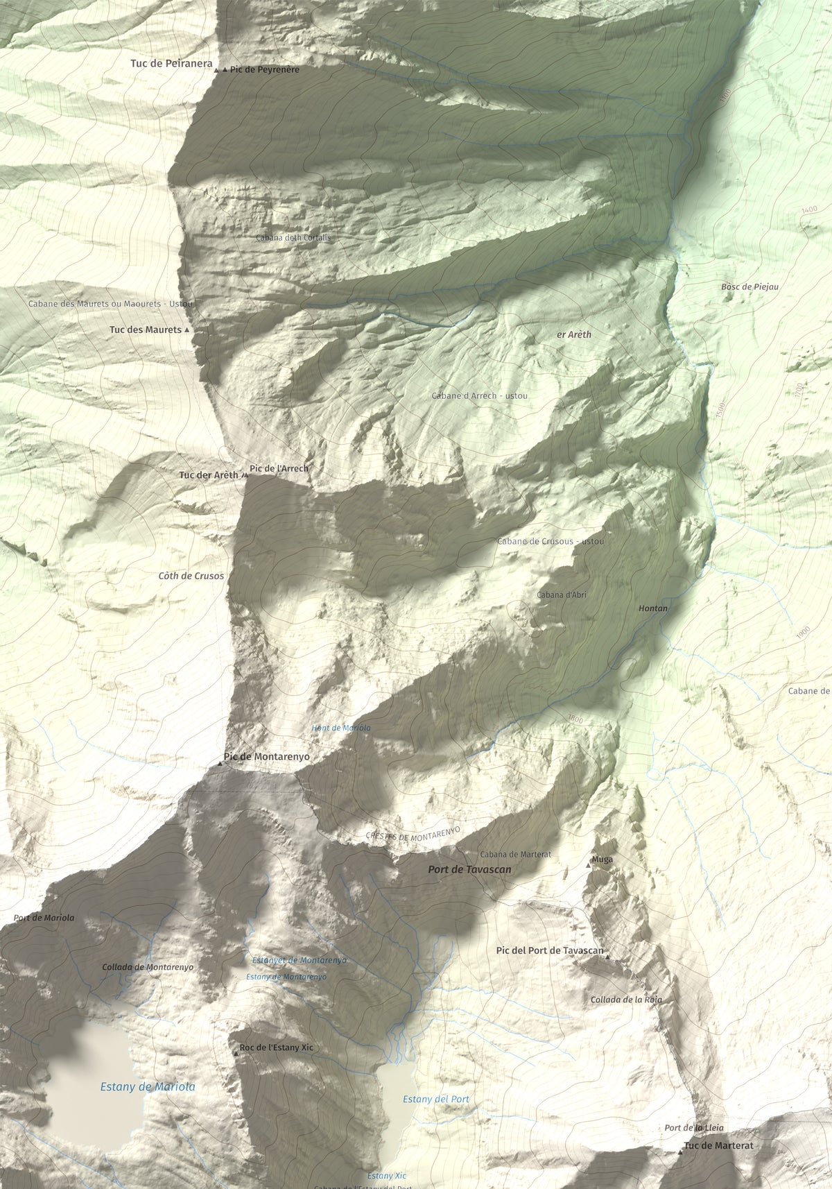 Mapa de relieve de Pic de Flamisella, 2782 m, Pallars Sobirà, lámina 100 Cims de Trobart. Detalle de la zona superior izquierda. 70 × 100 cm.