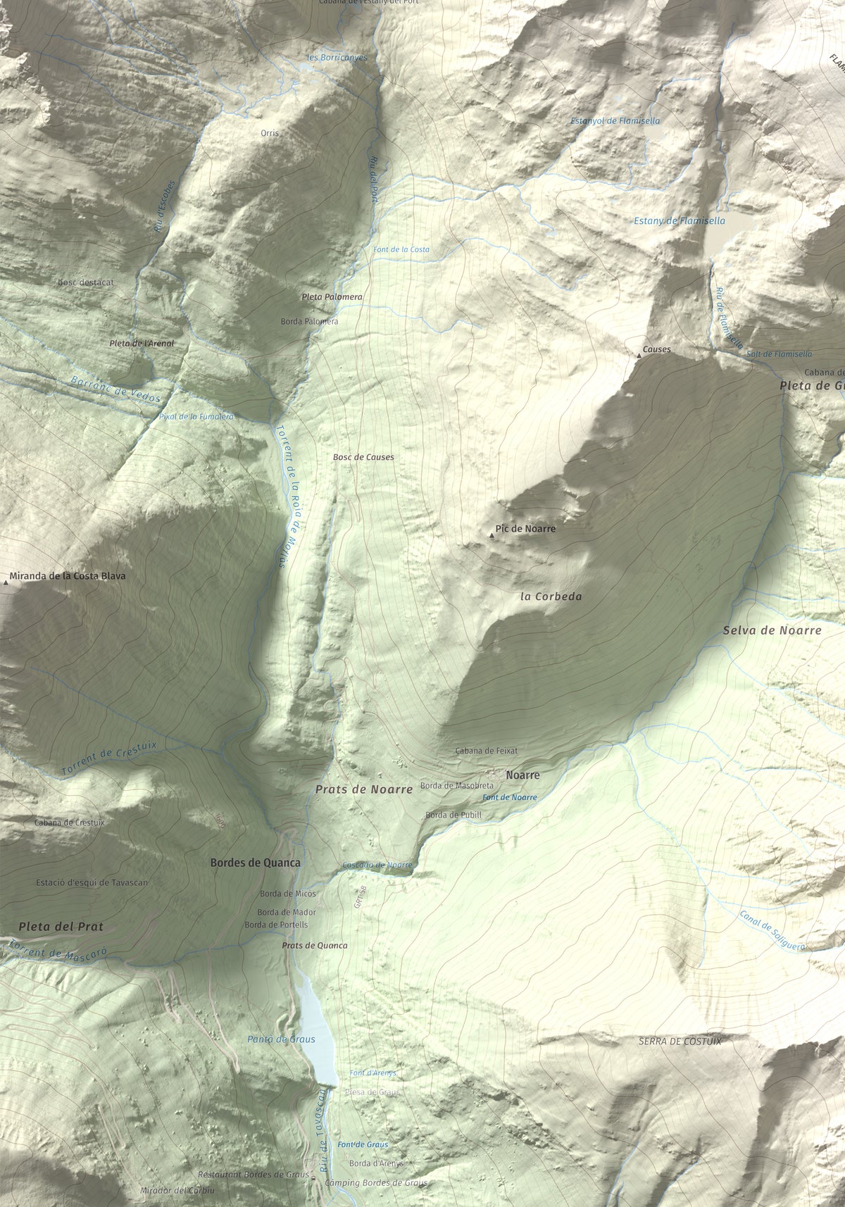 Mapa de relieve de Pic de Flamisella, 2782 m, Pallars Sobirà, lámina 100 Cims de Trobart. Detalle de la zona inferior izquierda. 70 × 100 cm.