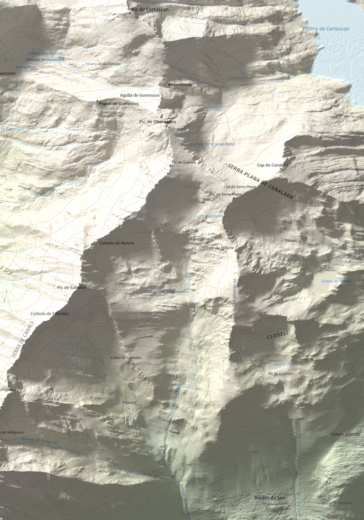 Mapa de relieve de Pic de Flamisella, 2782 m, Pallars Sobirà, lámina 100 Cims de Trobart. Detalle de la zona inferior derecha. 70 × 100 cm.