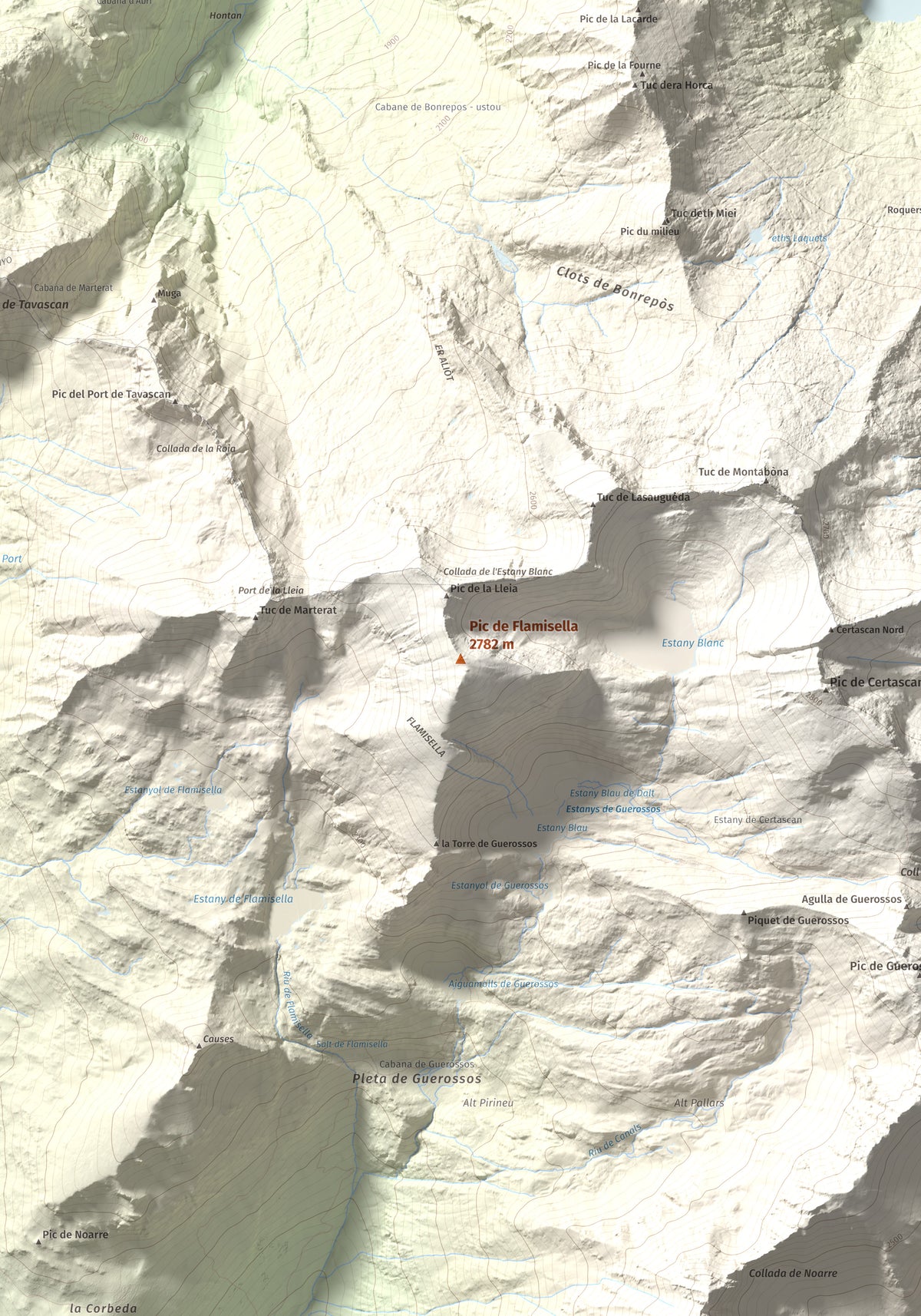 Mapa de relieve de Pic de Flamisella, 2782 m, Pallars Sobirà, lámina 100 Cims de Trobart. Detalle de la zona central. 70 × 100 cm.