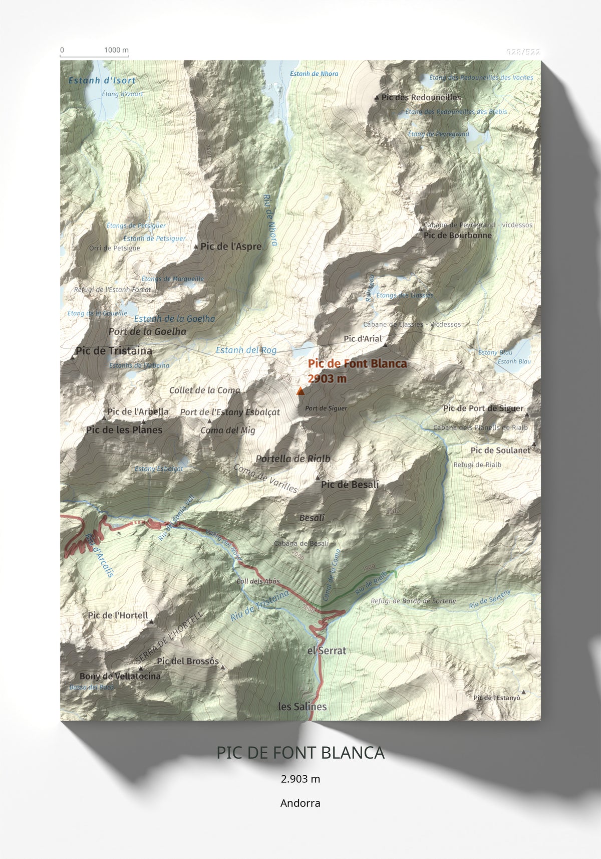 Mapa de relieve de Pic de Font Blanca, 2903 m, Andorra, lámina 100 Cims de Trobart 21 × 30 cm.