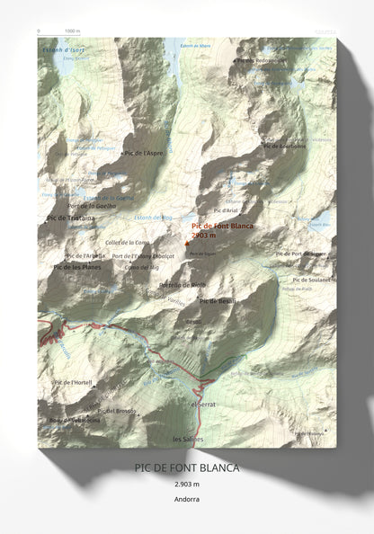 Mapa de relieve de Pic de Font Blanca, 2903 m, Andorra, lámina 100 Cims de Trobart 21 × 30 cm.