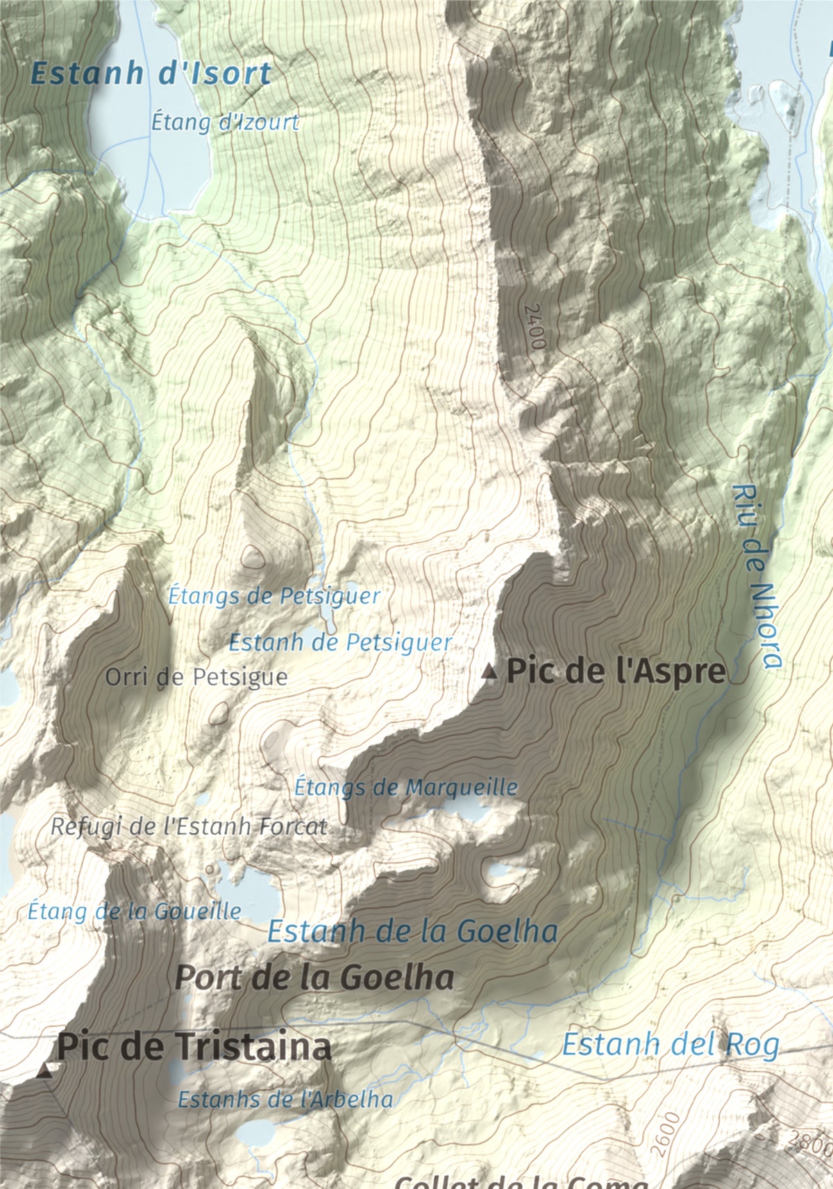 Mapa de relieve de Pic de Font Blanca, 2903 m, Andorra, lámina 100 Cims de Trobart. Detalle de la zona superior izquierda. 21 × 30 cm.