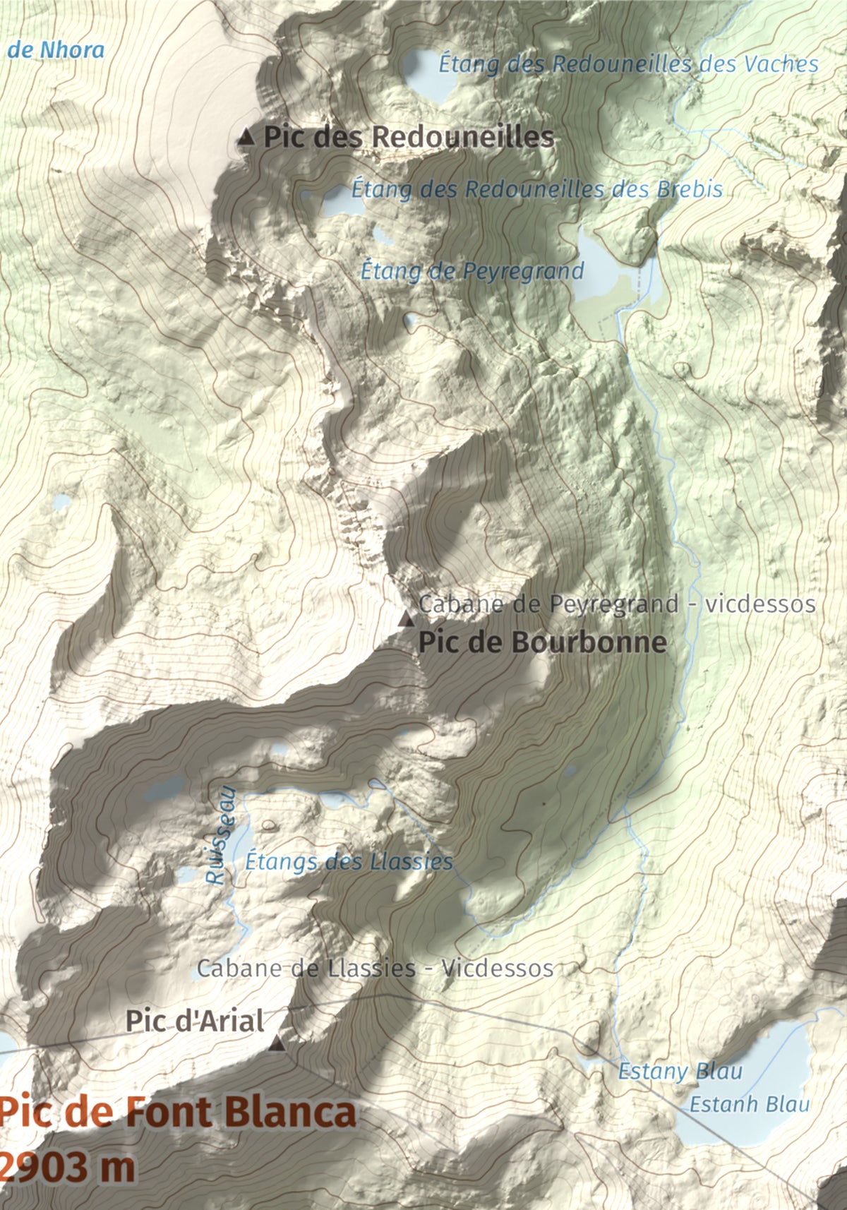 Mapa de relieve de Pic de Font Blanca, 2903 m, Andorra, lámina 100 Cims de Trobart. Detalle de la zona superior derecha. 21 × 30 cm.