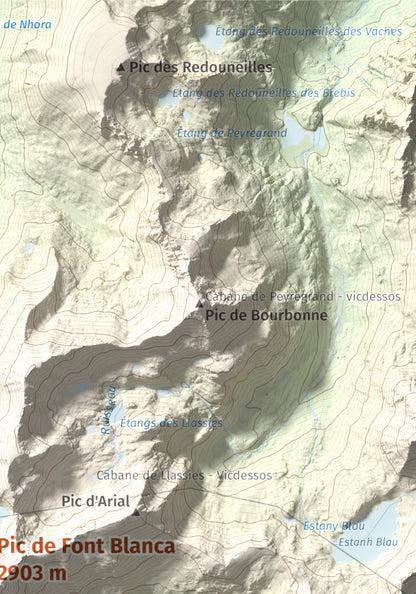 Mapa de relieve de Pic de Font Blanca, 2903 m, Andorra, lámina 100 Cims de Trobart. Detalle de la zona superior derecha. 21 × 30 cm.