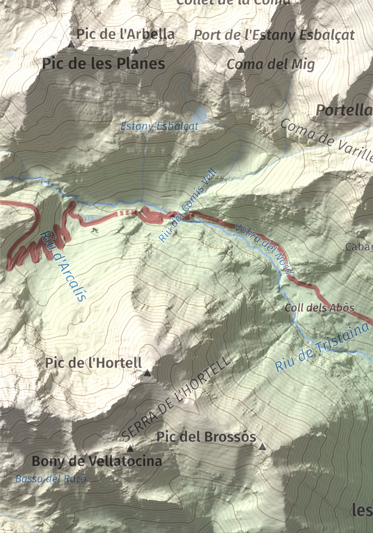 Mapa de relieve de Pic de Font Blanca, 2903 m, Andorra, lámina 100 Cims de Trobart. Detalle de la zona inferior izquierda. 21 × 30 cm.