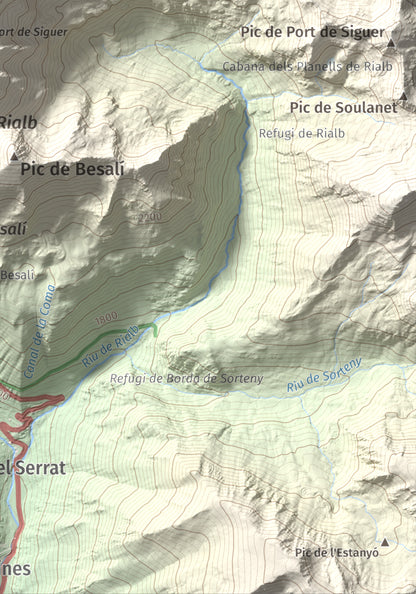 Mapa de relieve de Pic de Font Blanca, 2903 m, Andorra, lámina 100 Cims de Trobart. Detalle de la zona inferior derecha. 21 × 30 cm.