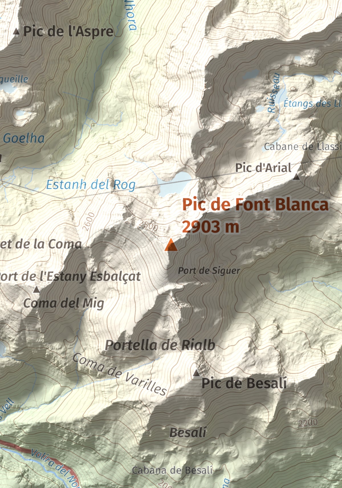 Mapa de relieve de Pic de Font Blanca, 2903 m, Andorra, lámina 100 Cims de Trobart. Detalle de la zona central. 21 × 30 cm.