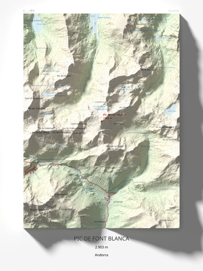 Mapa de relieve de Pic de Font Blanca, 2903 m, Andorra, lámina 100 Cims de Trobart 30 × 40 cm.