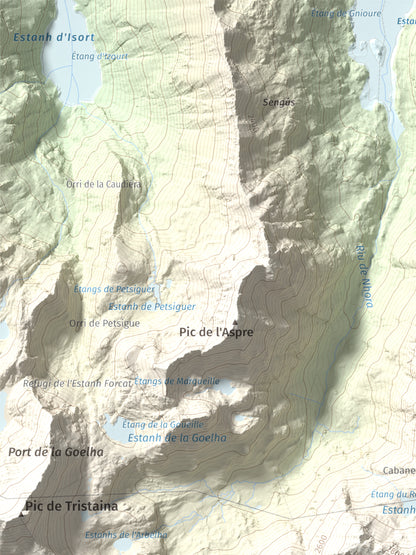 Mapa de relieve de Pic de Font Blanca, 2903 m, Andorra, lámina 100 Cims de Trobart. Detalle de la zona superior izquierda. 30 × 40 cm.