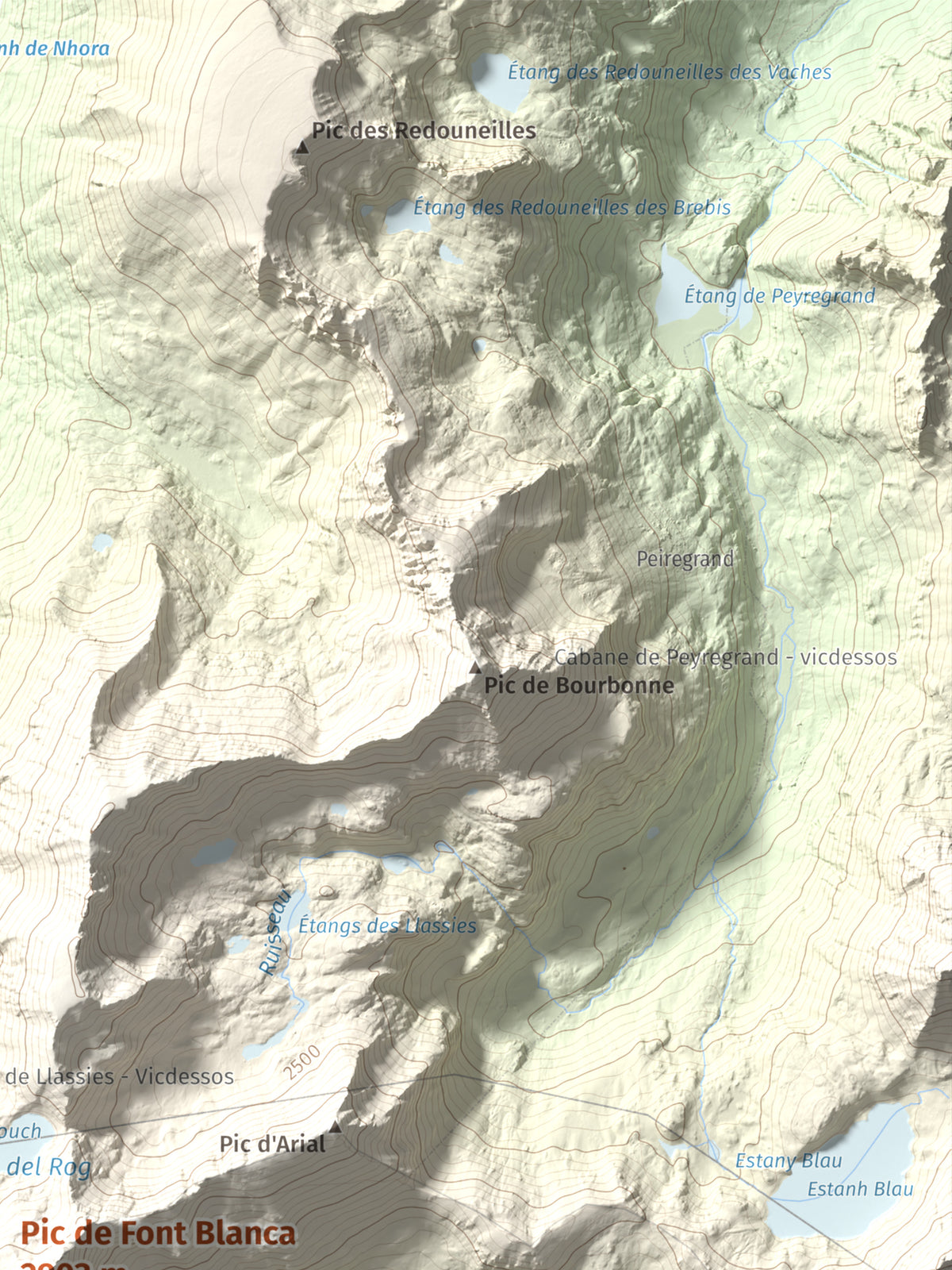 Mapa de relieve de Pic de Font Blanca, 2903 m, Andorra, lámina 100 Cims de Trobart. Detalle de la zona superior derecha. 30 × 40 cm.