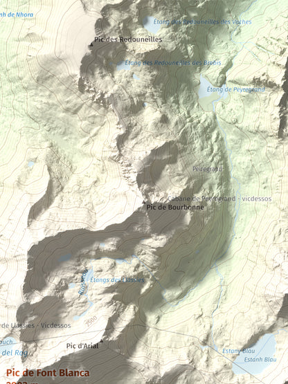 Mapa de relieve de Pic de Font Blanca, 2903 m, Andorra, lámina 100 Cims de Trobart. Detalle de la zona superior derecha. 30 × 40 cm.