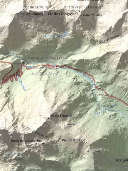 Mapa de relieve de Pic de Font Blanca, 2903 m, Andorra, lámina 100 Cims de Trobart. Detalle de la zona inferior izquierda. 30 × 40 cm.