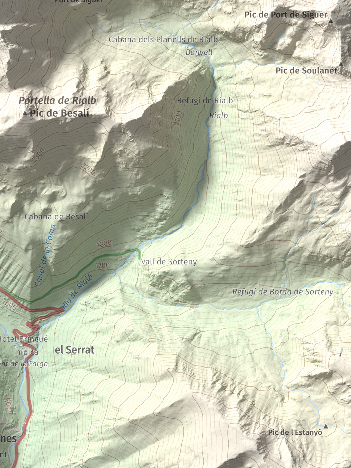 Mapa de relieve de Pic de Font Blanca, 2903 m, Andorra, lámina 100 Cims de Trobart. Detalle de la zona inferior derecha. 30 × 40 cm.