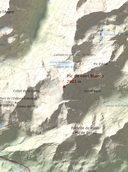 Mapa de relieve de Pic de Font Blanca, 2903 m, Andorra, lámina 100 Cims de Trobart. Detalle de la zona central. 30 × 40 cm.