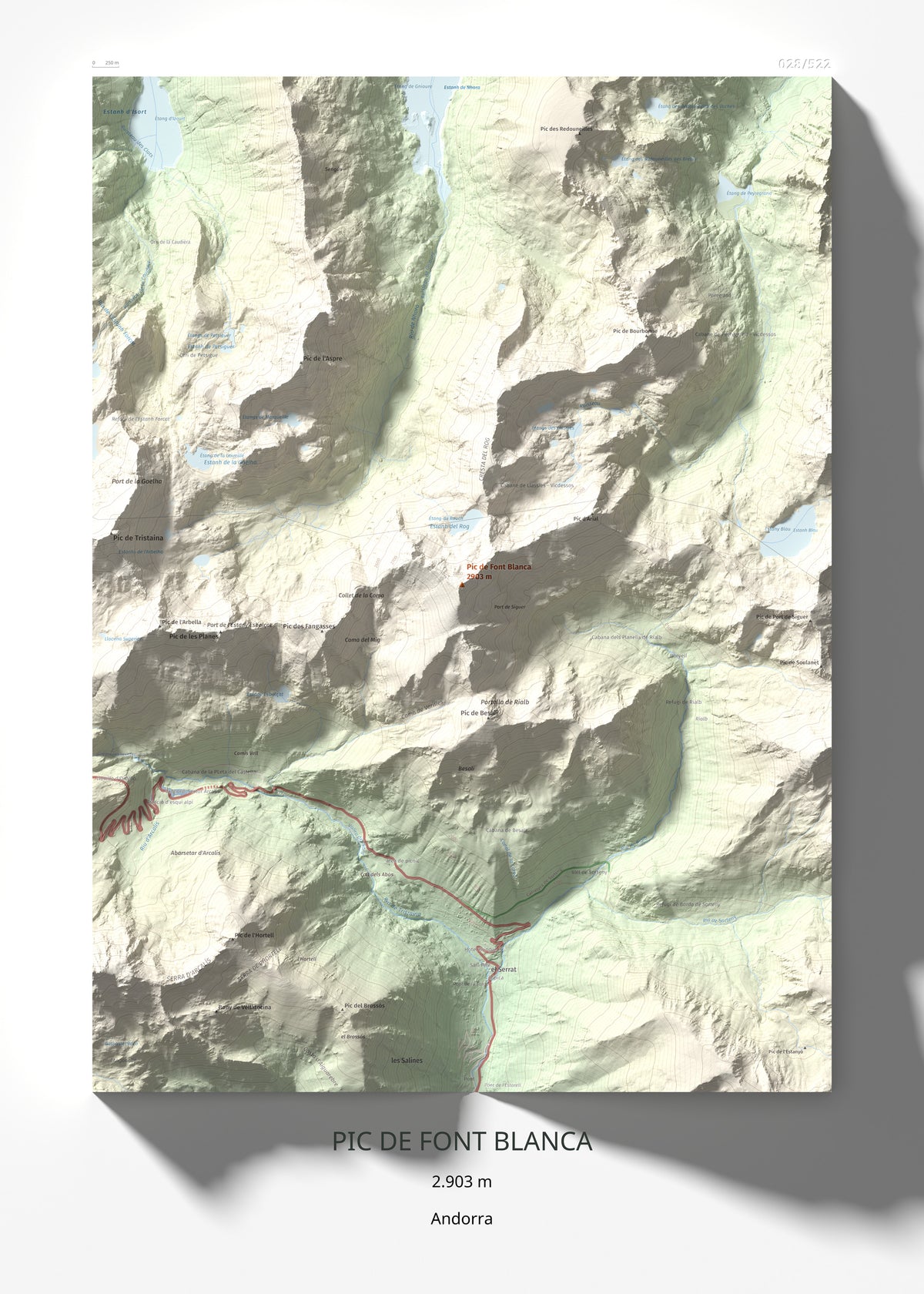 Mapa de relieve de Pic de Font Blanca, 2903 m, Andorra, lámina 100 Cims de Trobart 50 × 70 cm.