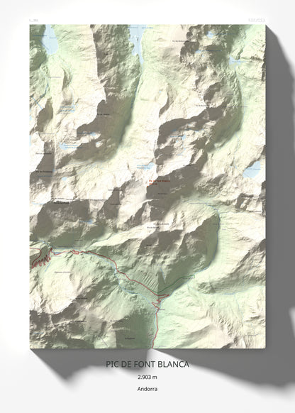 Mapa de relieve de Pic de Font Blanca, 2903 m, Andorra, lámina 100 Cims de Trobart 50 × 70 cm.