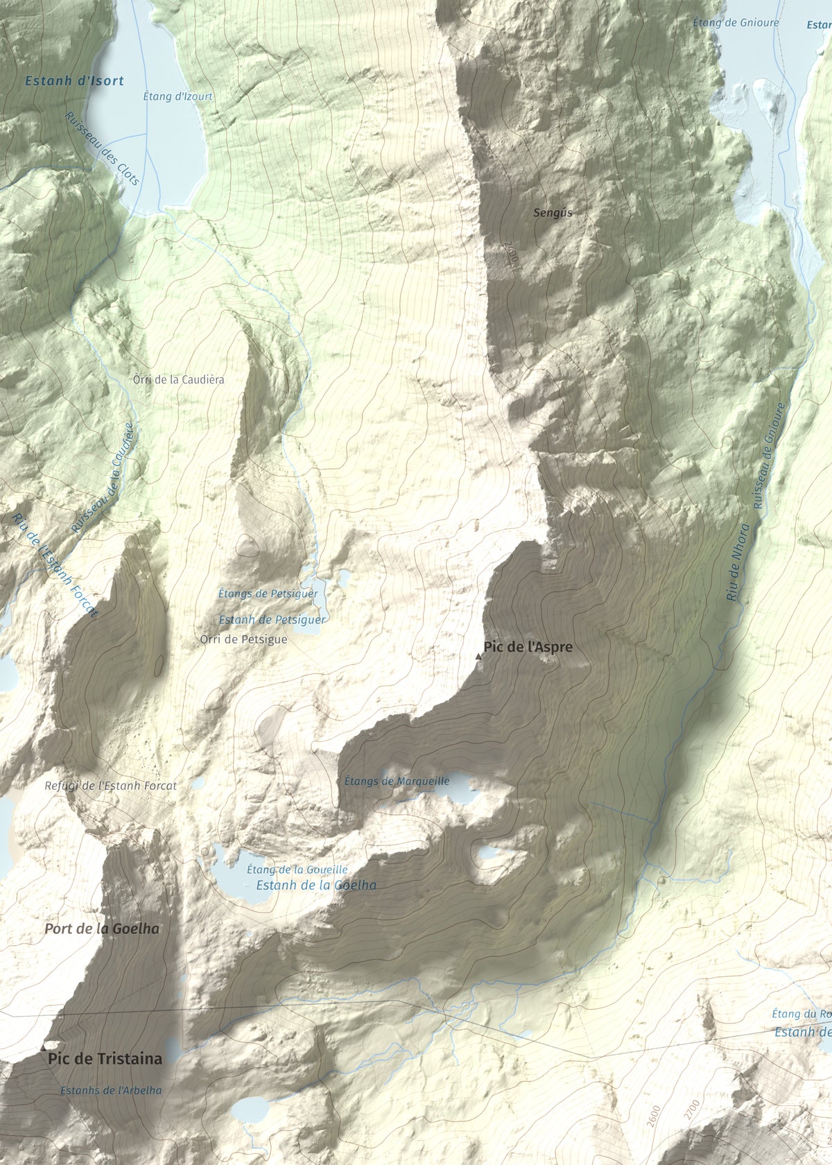 Mapa de relieve de Pic de Font Blanca, 2903 m, Andorra, lámina 100 Cims de Trobart. Detalle de la zona superior izquierda. 50 × 70 cm.