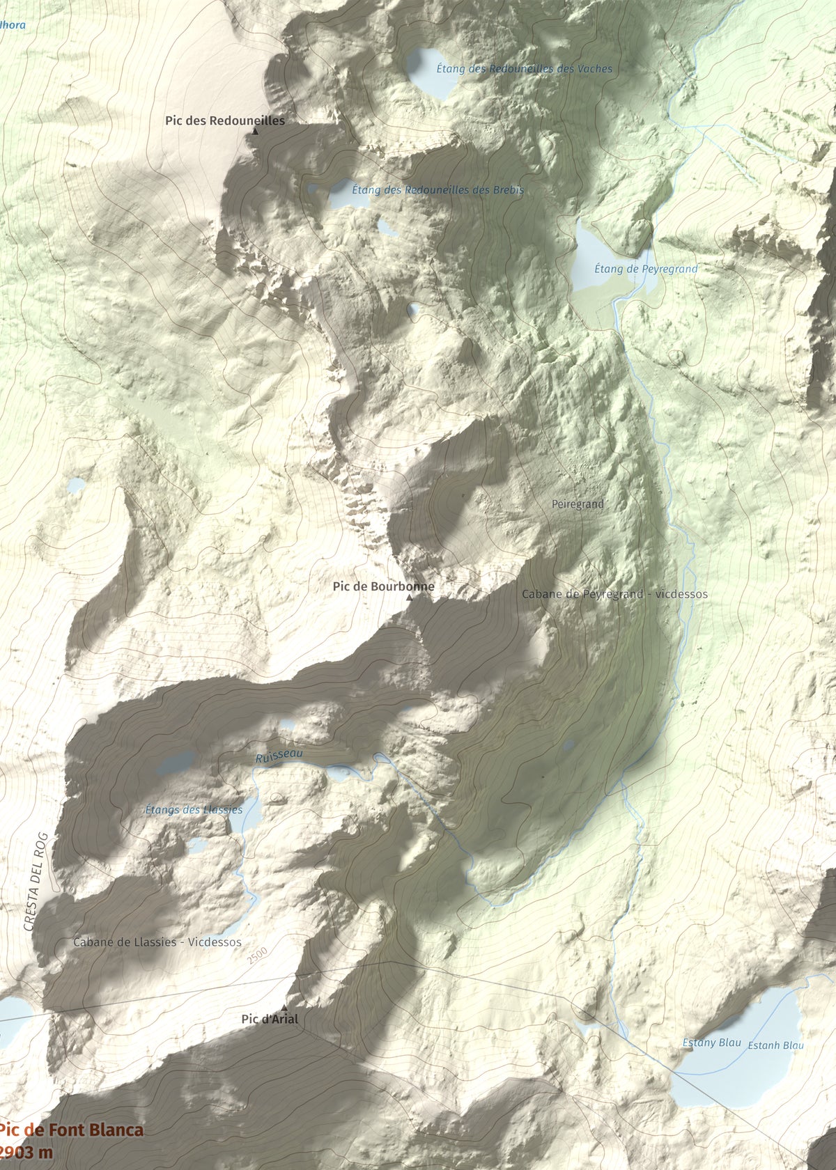Mapa de relieve de Pic de Font Blanca, 2903 m, Andorra, lámina 100 Cims de Trobart. Detalle de la zona superior derecha. 50 × 70 cm.