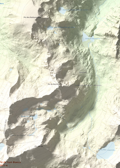 Mapa de relieve de Pic de Font Blanca, 2903 m, Andorra, lámina 100 Cims de Trobart. Detalle de la zona superior derecha. 50 × 70 cm.