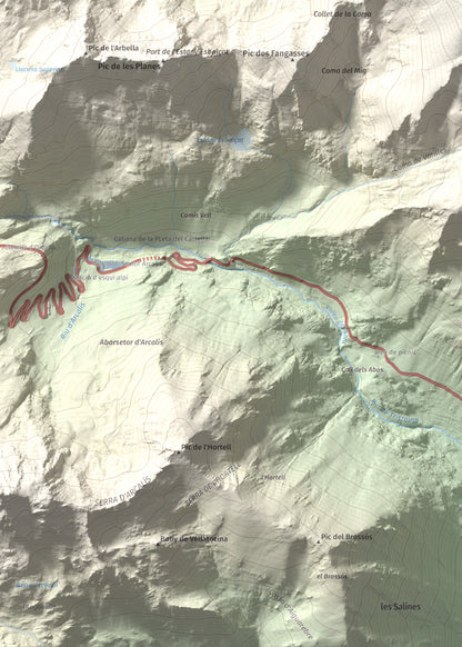 Mapa de relieve de Pic de Font Blanca, 2903 m, Andorra, lámina 100 Cims de Trobart. Detalle de la zona inferior izquierda. 50 × 70 cm.