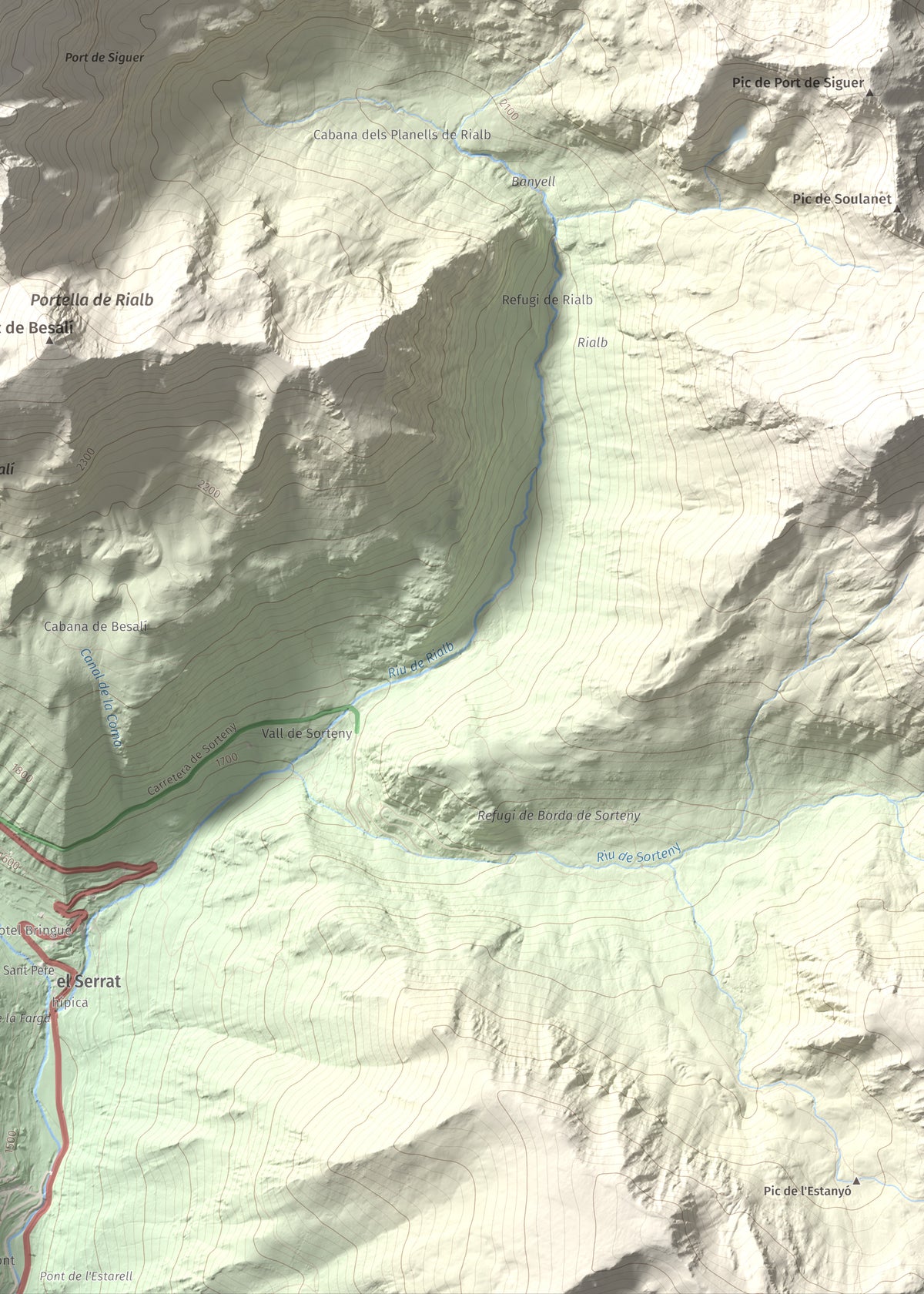 Mapa de relieve de Pic de Font Blanca, 2903 m, Andorra, lámina 100 Cims de Trobart. Detalle de la zona inferior derecha. 50 × 70 cm.