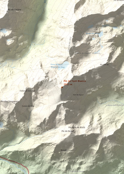 Mapa de relieve de Pic de Font Blanca, 2903 m, Andorra, lámina 100 Cims de Trobart. Detalle de la zona central. 50 × 70 cm.