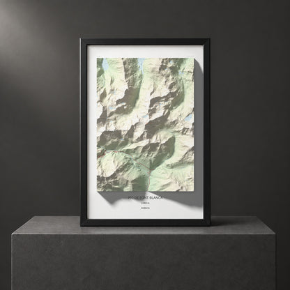 Mapa de relieve de Pic de Font Blanca, 2903 m, Andorra, lámina 100 Cims de Trobart. Presentación enmarcada. 61 × 91 cm.
