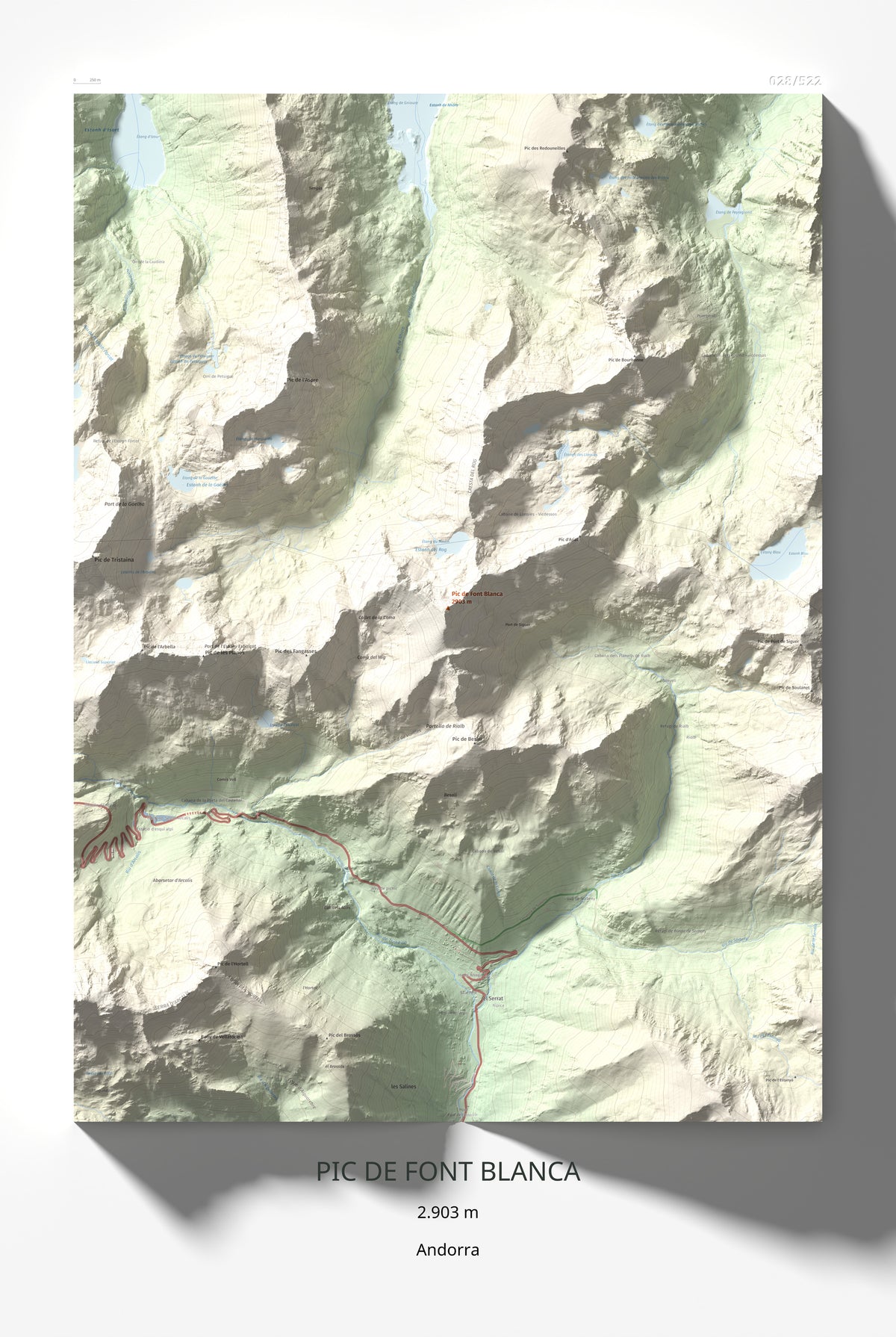 Mapa de relieve de Pic de Font Blanca, 2903 m, Andorra, lámina 100 Cims de Trobart 61 × 91 cm.