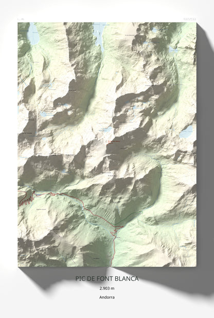 Mapa de relieve de Pic de Font Blanca, 2903 m, Andorra, lámina 100 Cims de Trobart 61 × 91 cm.