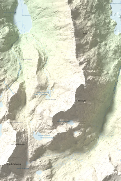 Mapa de relieve de Pic de Font Blanca, 2903 m, Andorra, lámina 100 Cims de Trobart. Detalle de la zona superior izquierda. 61 × 91 cm.