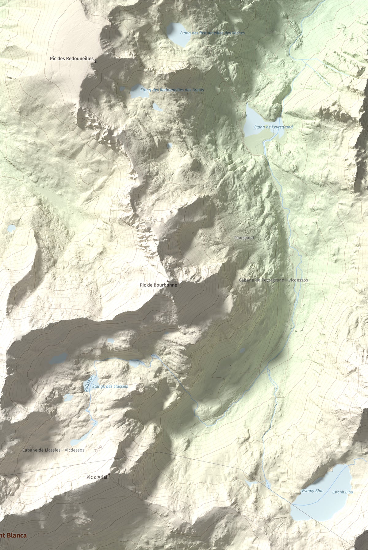 Mapa de relieve de Pic de Font Blanca, 2903 m, Andorra, lámina 100 Cims de Trobart. Detalle de la zona superior derecha. 61 × 91 cm.