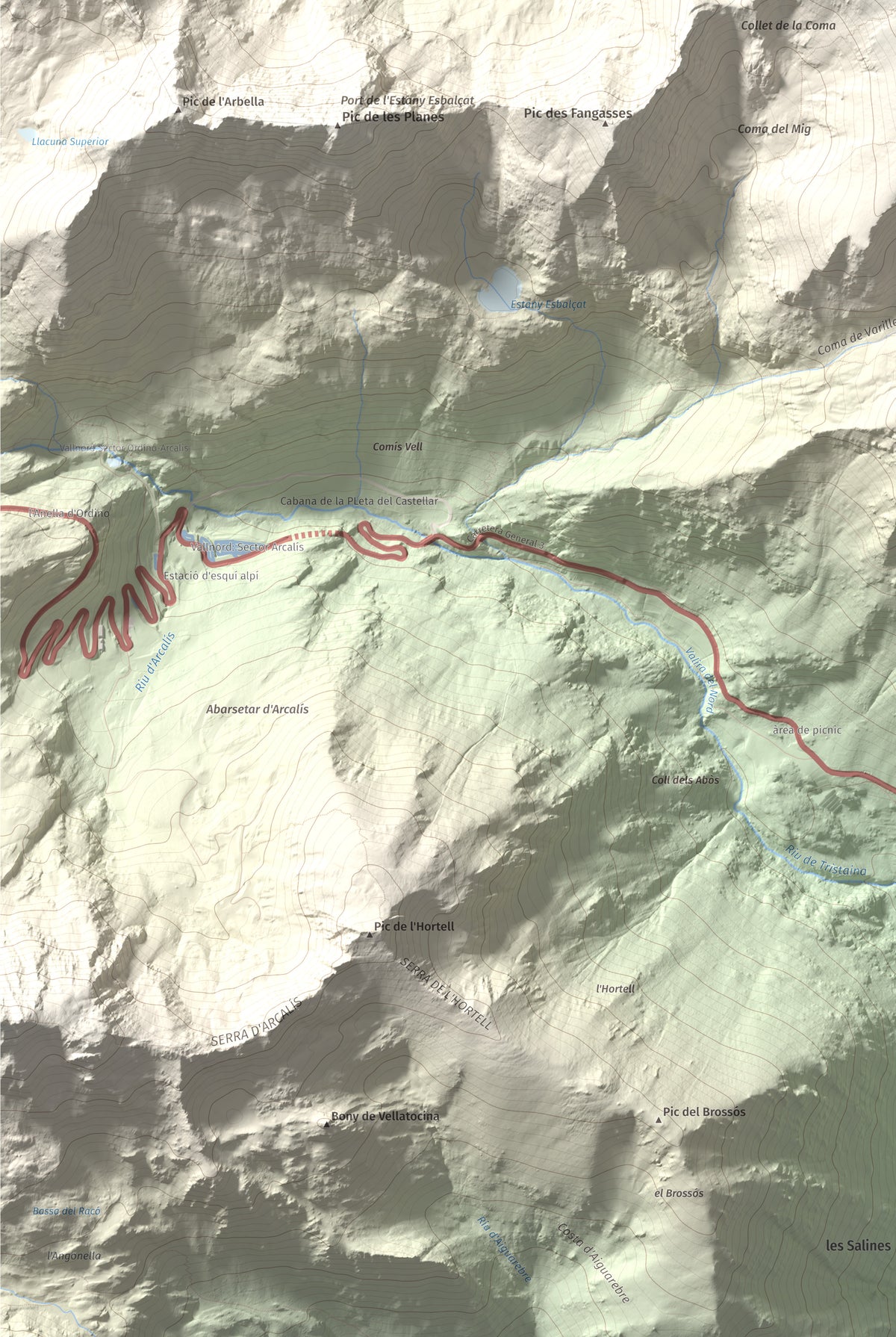 Mapa de relieve de Pic de Font Blanca, 2903 m, Andorra, lámina 100 Cims de Trobart. Detalle de la zona inferior izquierda. 61 × 91 cm.