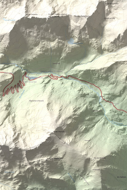 Mapa de relieve de Pic de Font Blanca, 2903 m, Andorra, lámina 100 Cims de Trobart. Detalle de la zona inferior izquierda. 61 × 91 cm.