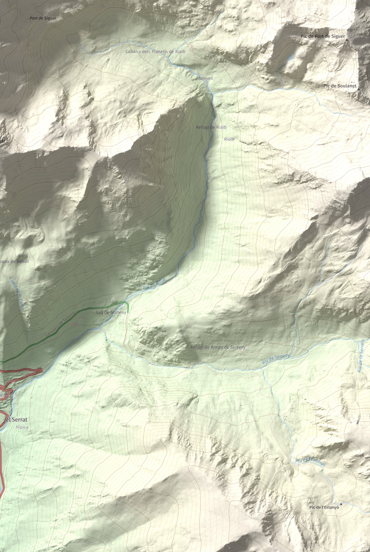Mapa de relieve de Pic de Font Blanca, 2903 m, Andorra, lámina 100 Cims de Trobart. Detalle de la zona inferior derecha. 61 × 91 cm.