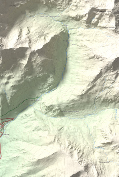 Mapa de relieve de Pic de Font Blanca, 2903 m, Andorra, lámina 100 Cims de Trobart. Detalle de la zona inferior derecha. 61 × 91 cm.