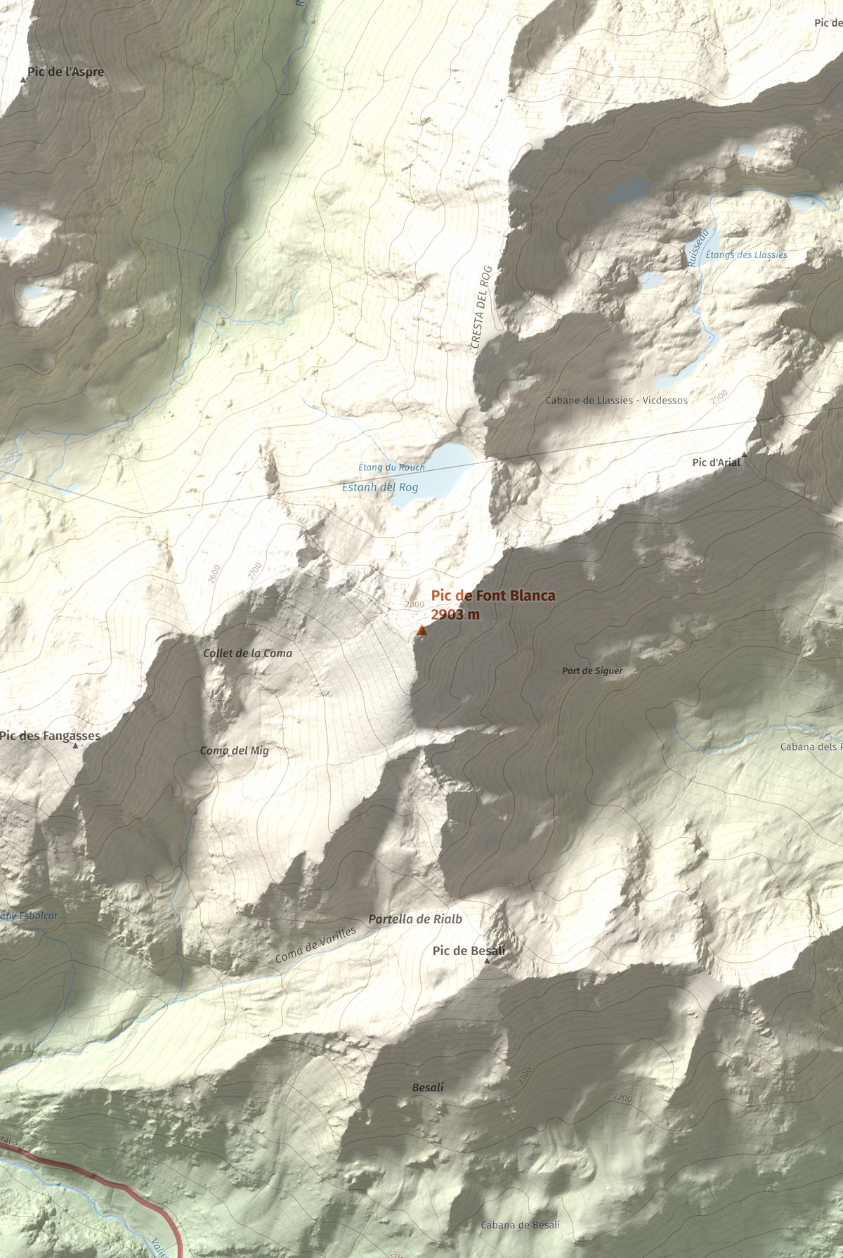 Mapa de relieve de Pic de Font Blanca, 2903 m, Andorra, lámina 100 Cims de Trobart. Detalle de la zona central. 61 × 91 cm.