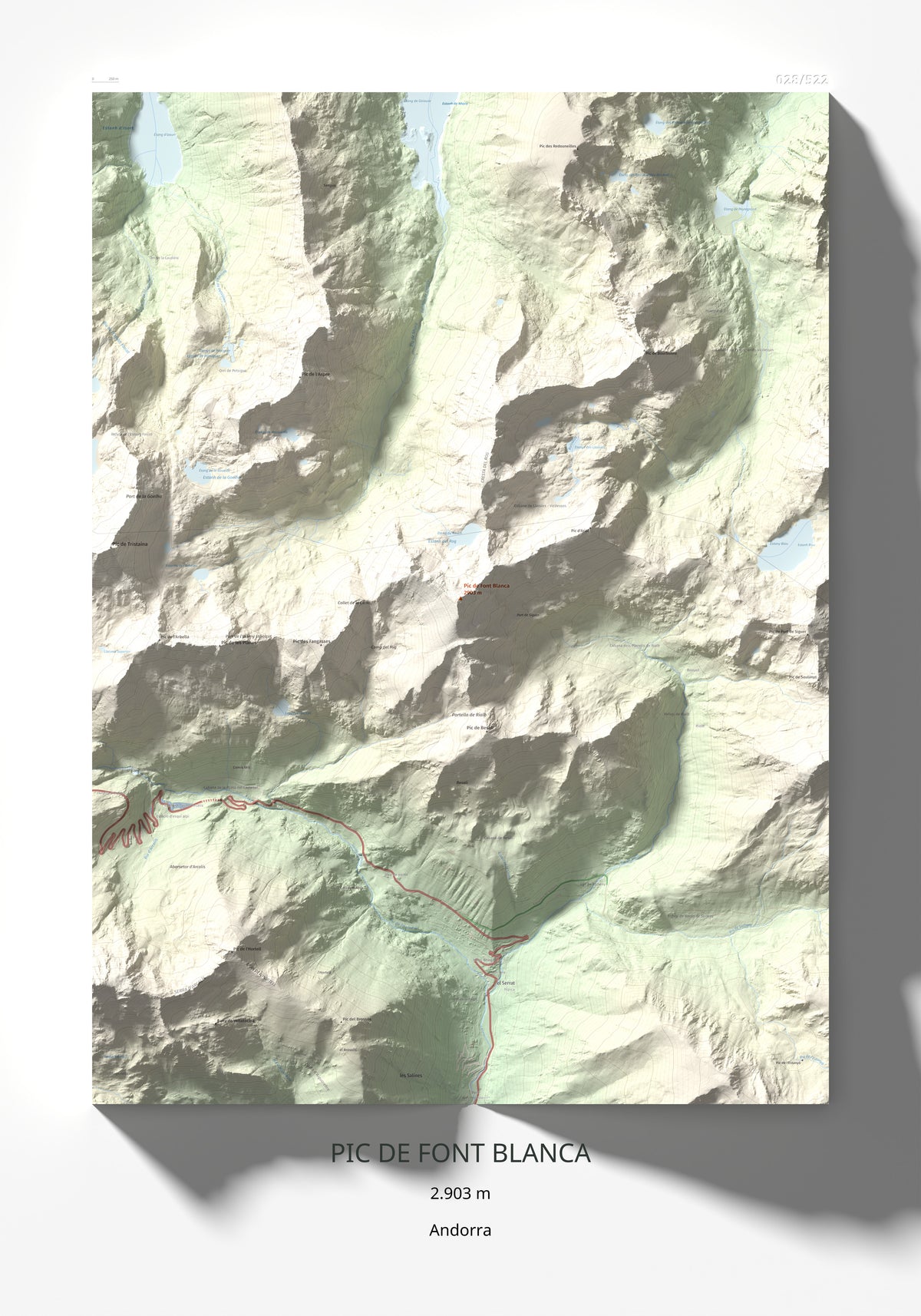 Mapa de relieve de Pic de Font Blanca, 2903 m, Andorra, lámina 100 Cims de Trobart 70 × 100 cm.