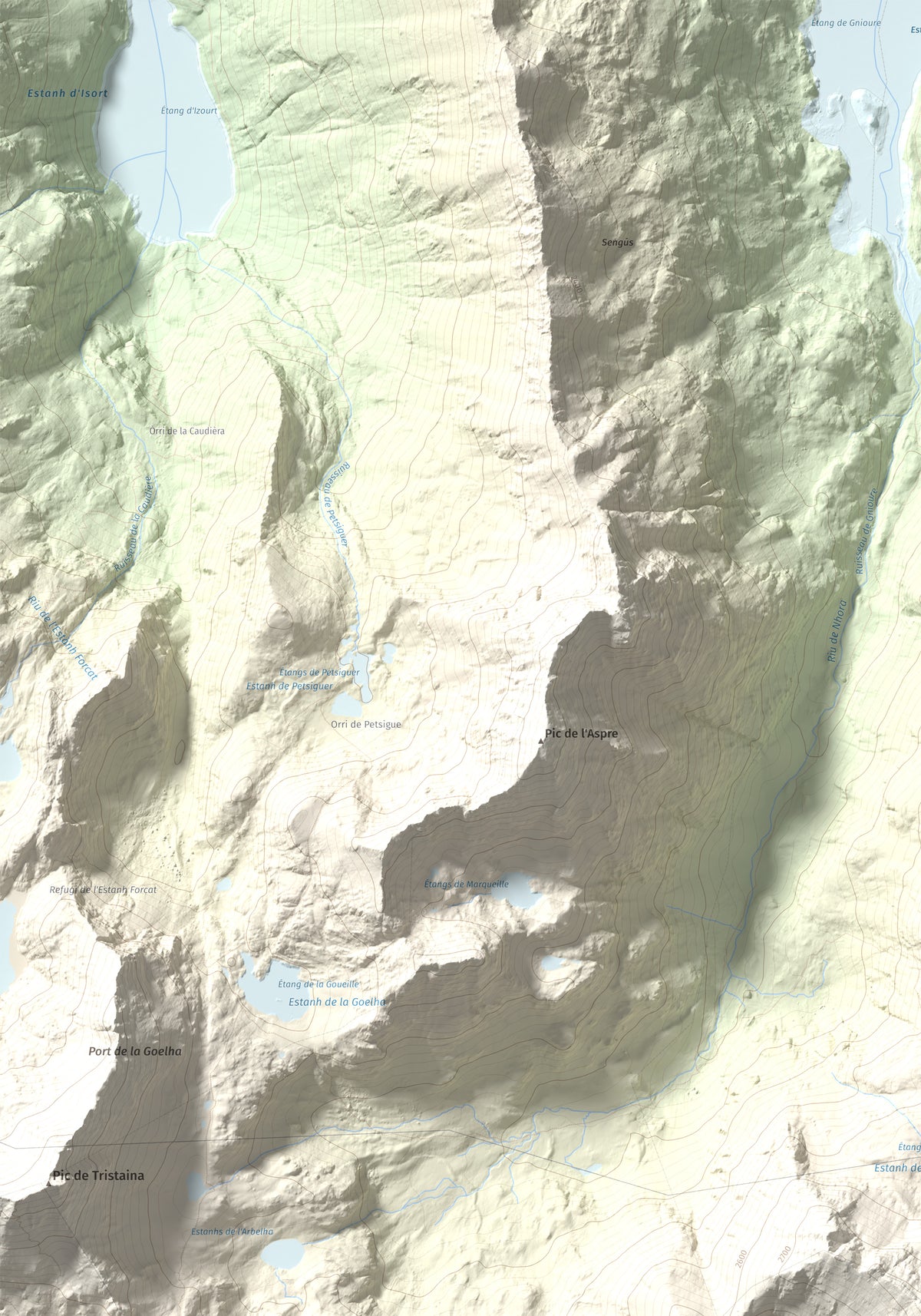Mapa de relieve de Pic de Font Blanca, 2903 m, Andorra, lámina 100 Cims de Trobart. Detalle de la zona superior izquierda. 70 × 100 cm.