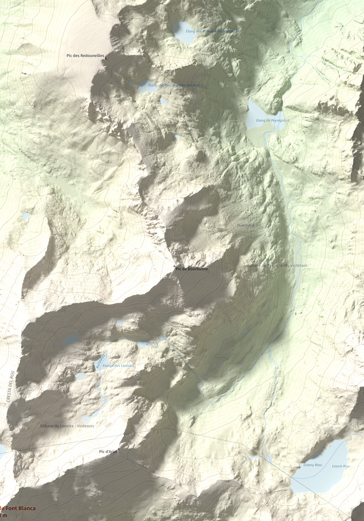 Mapa de relieve de Pic de Font Blanca, 2903 m, Andorra, lámina 100 Cims de Trobart. Detalle de la zona superior derecha. 70 × 100 cm.