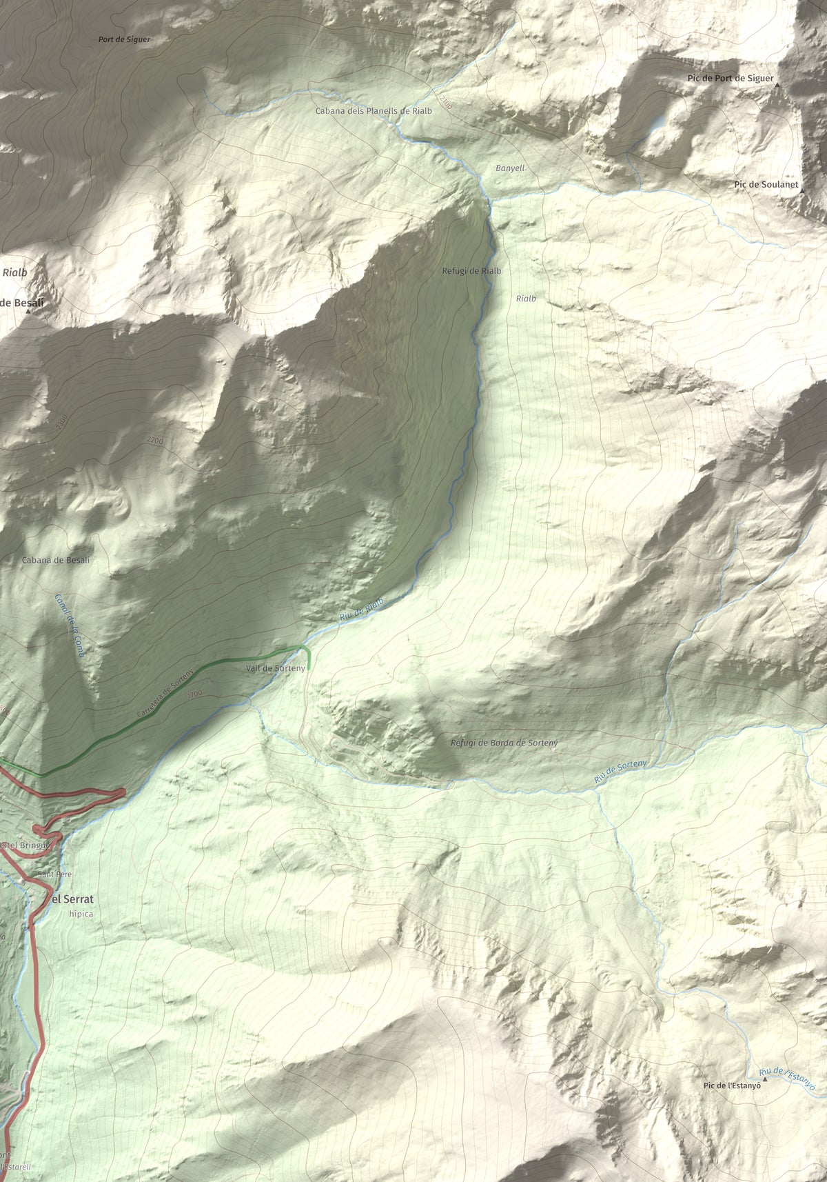 Mapa de relieve de Pic de Font Blanca, 2903 m, Andorra, lámina 100 Cims de Trobart. Detalle de la zona inferior derecha. 70 × 100 cm.