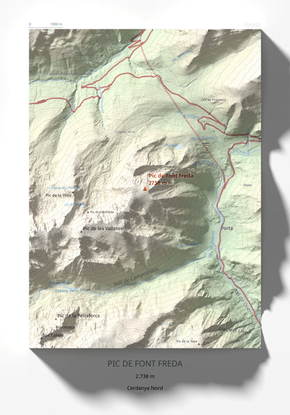 Mapa de relieve de Pic de Font Freda, 2738 m, Cerdanya Nord, lámina 100 Cims de Trobart 21 × 30 cm.