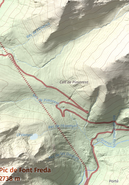 Mapa de relieve de Pic de Font Freda, 2738 m, Cerdanya Nord, lámina 100 Cims de Trobart. Detalle de la zona superior derecha. 21 × 30 cm.