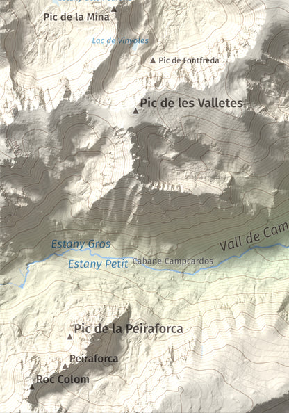 Mapa de relieve de Pic de Font Freda, 2738 m, Cerdanya Nord, lámina 100 Cims de Trobart. Detalle de la zona inferior izquierda. 21 × 30 cm.
