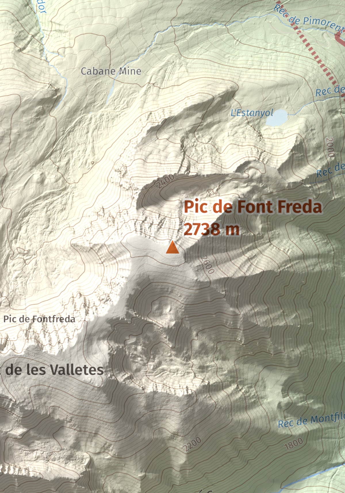 Mapa de relieve de Pic de Font Freda, 2738 m, Cerdanya Nord, lámina 100 Cims de Trobart. Detalle de la zona central. 21 × 30 cm.