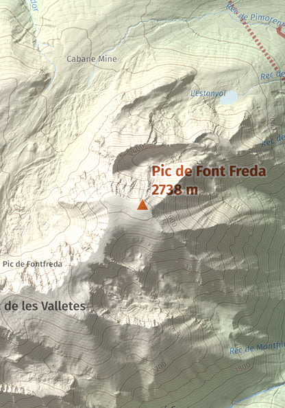 Mapa de relieve de Pic de Font Freda, 2738 m, Cerdanya Nord, lámina 100 Cims de Trobart. Detalle de la zona central. 21 × 30 cm.