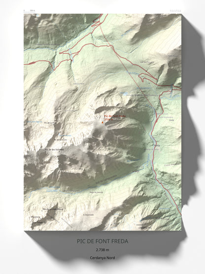 Mapa de relieve de Pic de Font Freda, 2738 m, Cerdanya Nord, lámina 100 Cims de Trobart 30 × 40 cm.