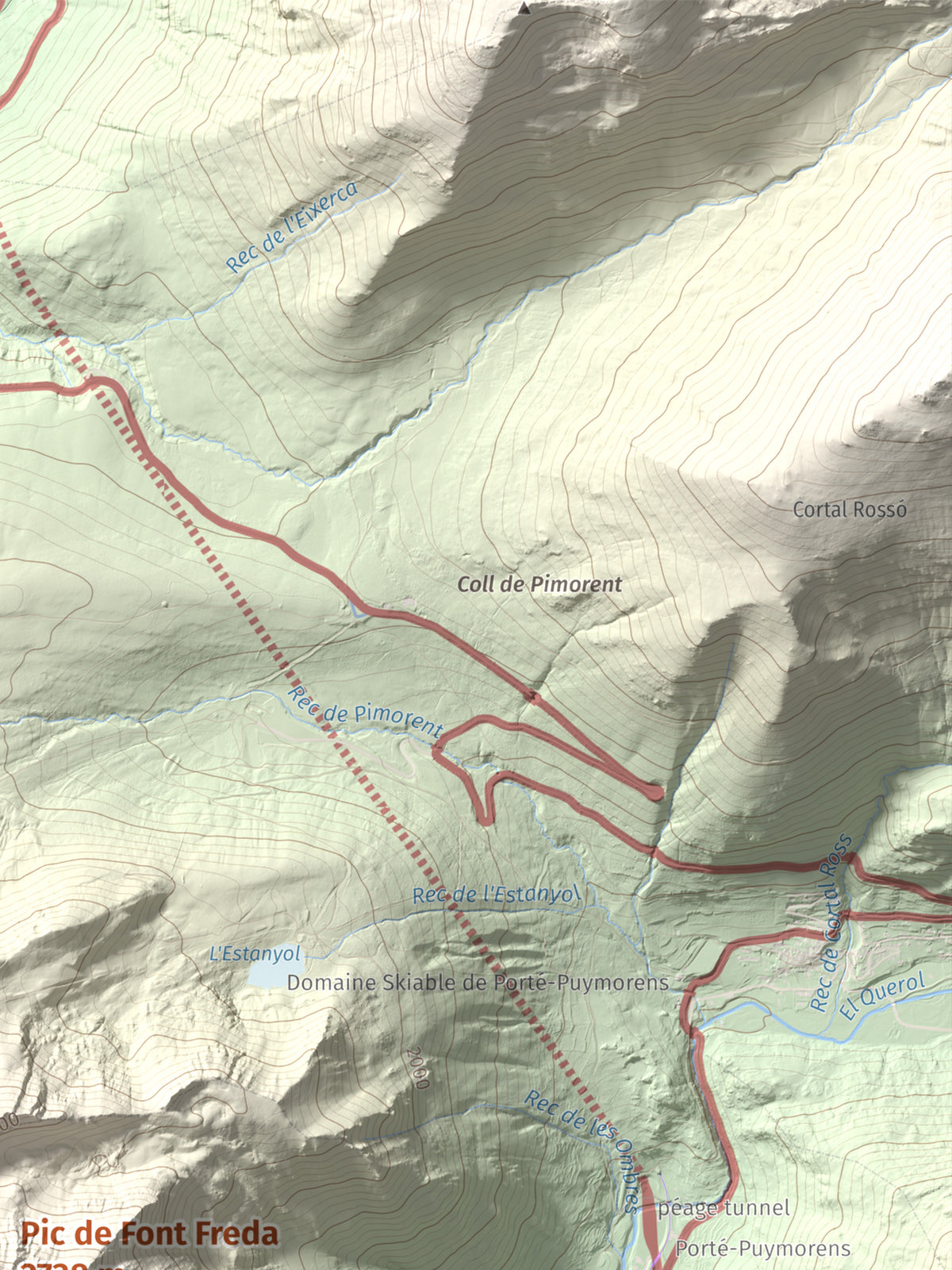 Mapa de relieve de Pic de Font Freda, 2738 m, Cerdanya Nord, lámina 100 Cims de Trobart. Detalle de la zona superior derecha. 30 × 40 cm.