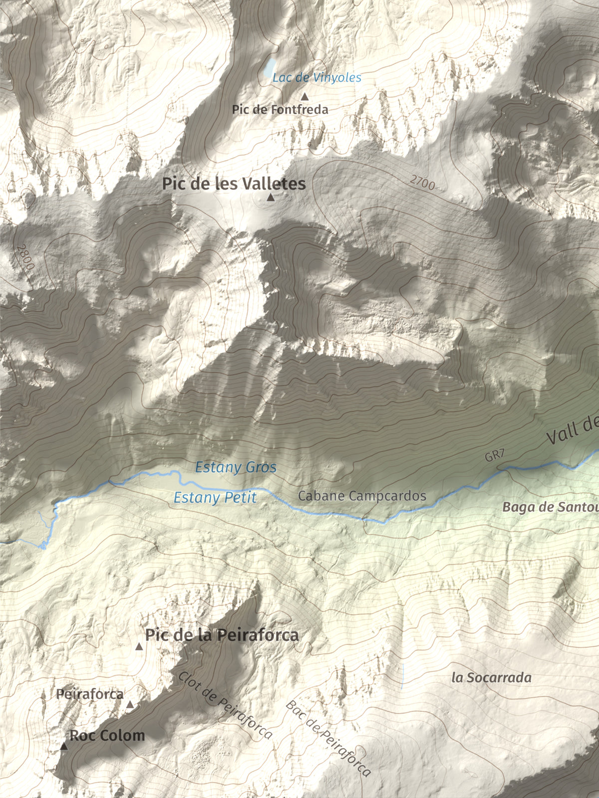 Mapa de relieve de Pic de Font Freda, 2738 m, Cerdanya Nord, lámina 100 Cims de Trobart. Detalle de la zona inferior izquierda. 30 × 40 cm.